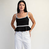 BLACK TANK W WHITE FLOWER TRIM