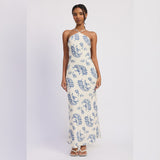 BLUE FLORAL HALTER MAXI DRESS