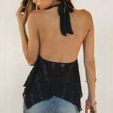 BLACK SHEER LACE HALTER TOP