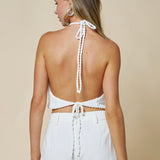 THE KEYS WHITE SEASHELL TRIM KNIT HALTER TOP