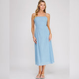 LOSE MY BREATH BLUE EYELET MIDI DRESS