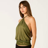 KEEP WATCHING OLIVE LACE HALTER TOP