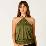 KEEP WATCHING OLIVE LACE HALTER TOP