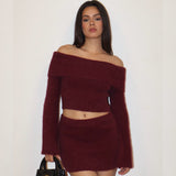 LITTLE BIT OFF BURGUNDY KNIT OFF SHOULDER TOP