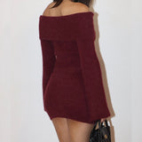 LITTLE BIT OFF BURGUNDY KNIT OFF SHOULDER TOP