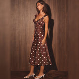 RIGHT ON THE DOT BROWN SATIN MIDI DRESS
