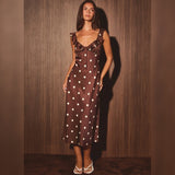 RIGHT ON THE DOT BROWN SATIN MIDI DRESS
