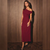 FINE WINE OFF SHOULDER MIDI DRESS
