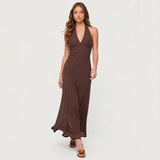 FEEL IT ALL BROWN HALTER MESH MAXI DRESS