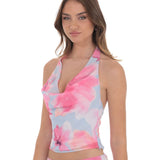 LUCY IN THE SKY BLUE AND PINK FLORAL COWL NECK TOP