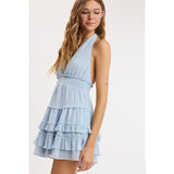 NOT OVER YET BLUE RUFFLE MINI DRESS