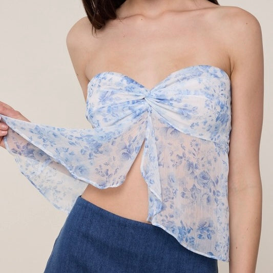 NO PRESSURE STRAPLESS BLUE FLORAL TOP