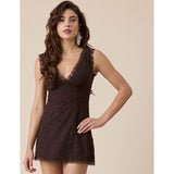 BROWN V NECK LACE TRIM EYELET DRESS