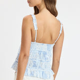 WORTH IT BLUE PATCHWORK TIE FRONT TANK TOP