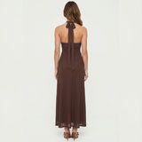 FEEL IT ALL BROWN HALTER MESH MAXI DRESS