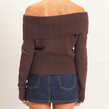 BROWN OFF SHOULDER KNIT TOP