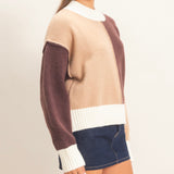 BROWN COLOR BLOCK KNIT SWEATER