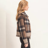 BROWN PLAID KNIT FULL ZIP JACKET