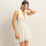 GREEN FLORAL MINI HALTER DRESS