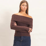 BROWN OFF SHOULDER KNIT TOP