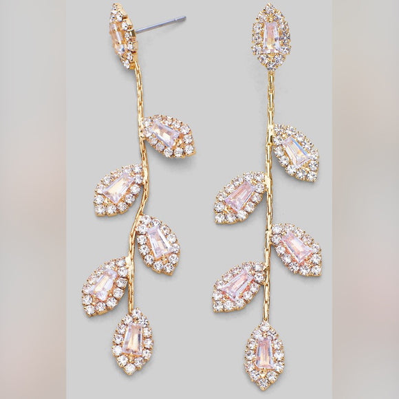 TARA GOLD RHINESTONE LEAF DROP EARRINGS