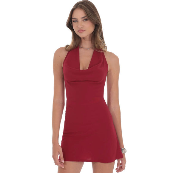 LUCY IN THE SKY RED COWL NECK MINI DRESS