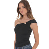 LUCY IN THE SKY BLACK ONE SHOULDER GOLD DETAIL TOP