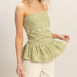 GREEN PATTERNED STRAPLESS TOP