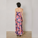 PICASSO FLORAL STRAPLESS SATIN MAXI DRESS