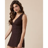 BROWN V NECK LACE TRIM EYELET DRESS