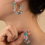 TRINA BLUE BEADED FLOWER HOOP EARRINGS