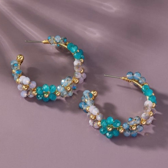 TRINA BLUE BEADED FLOWER HOOP EARRINGS