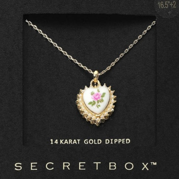14K GOLD ENAMEL PINK FLOWER HEART NECKLACE