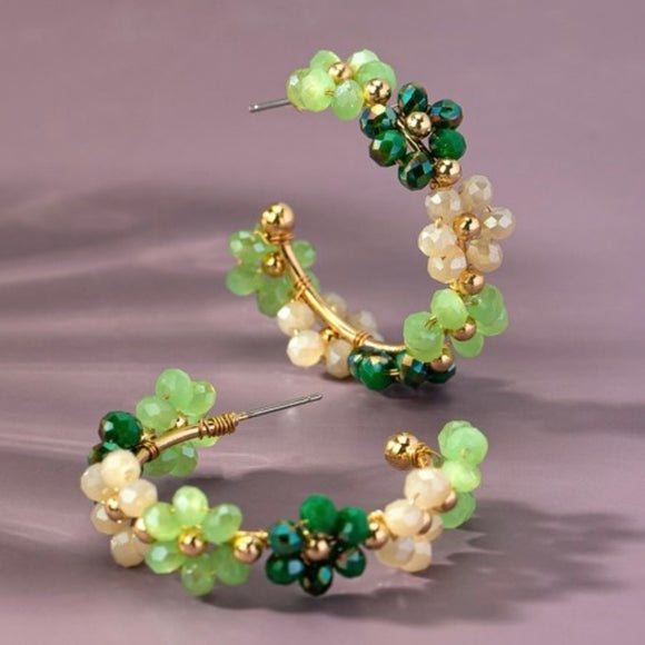 TRINA GREEN BEADED FLOWER HOOP EARRINGS