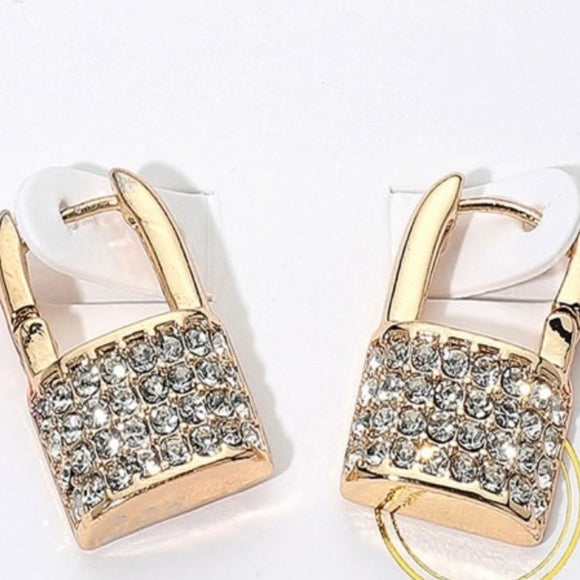 14K GOLD RHINESTONE PADLOCK EARRINGS