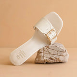 THE GLENDALE WHITE BAMBOO BUCKLE HEELS