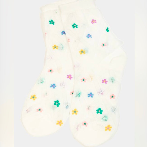 WHITE COLORFUL FLOWER CREW SOCKS
