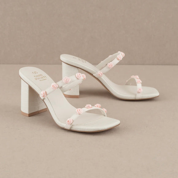 NIA WHITE ROSETTE ADORNED HEELS