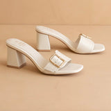 THE GLENDALE WHITE BAMBOO BUCKLE HEELS