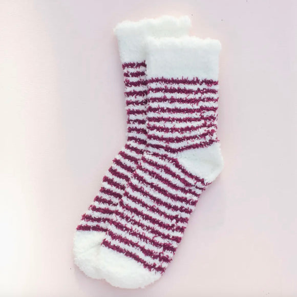 CHERRY STRIPED FUZZY SOCKS