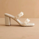 THE HELENA IVORY RAFFIA BLOCK HEEL SANDAL WITH PEARLS