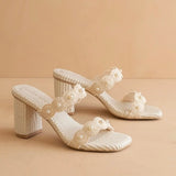 THE HELENA IVORY RAFFIA BLOCK HEEL SANDAL WITH PEARLS