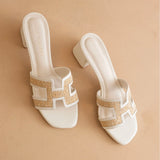 THE EILEEN WHITE RAFFIA H-CUTOUT BLOCK HEEL SANDALS