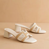 THE EILEEN WHITE RAFFIA H-CUTOUT BLOCK HEEL SANDALS