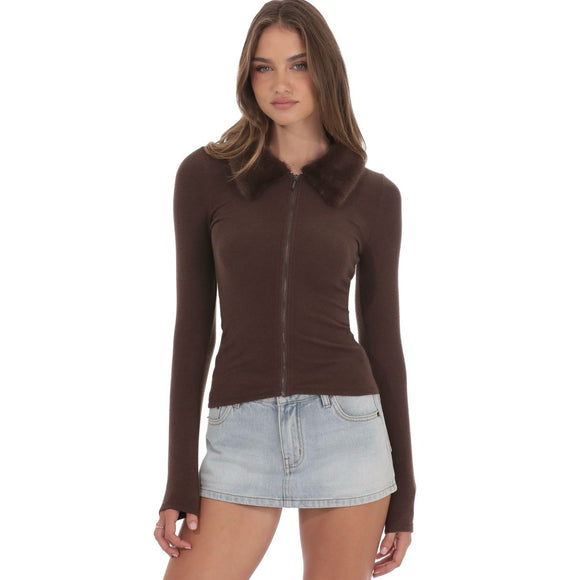 LUCY IN THE SKY BROWN FAUX FUR CUFF ZIP UP