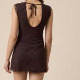 BROWN V NECK LACE TRIM EYELET DRESS
