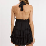 NOT OVER YET BLACK RUFFLE MINI DRESS