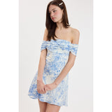 IN A FAIRY TALE BLUE OFF SHOULDER MINI DRESS