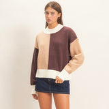 BROWN COLOR BLOCK KNIT SWEATER