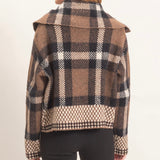 BROWN PLAID KNIT FULL ZIP JACKET
